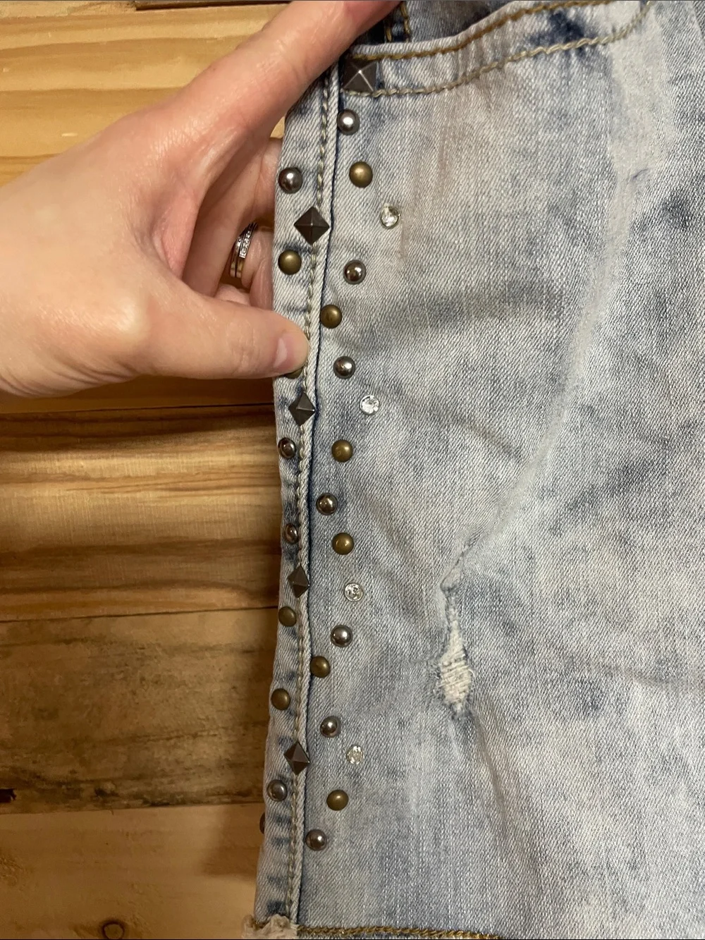 Maurices size 24 Light Blue Distressed Jean Short with Stud and Gem Detail Sides